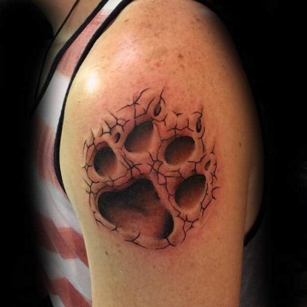 Mens Stone Dog Paw 3d Tattoo On Upper Arm