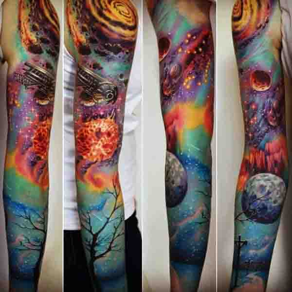 Mens Sun And Moon Tattoos Full Sleeve With Color Ink