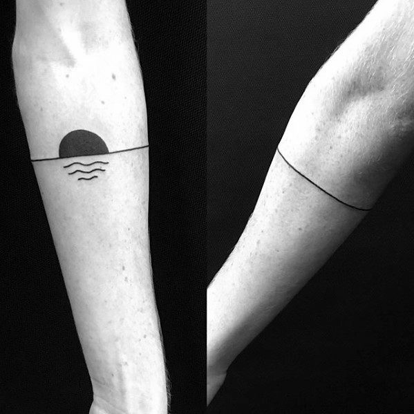 Simple line tattoo showing sunset on ocean horizon on a man's forearm