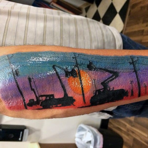 Mens Sunset Lineman Powerline Tattoo On Forearm With Watercolor Design