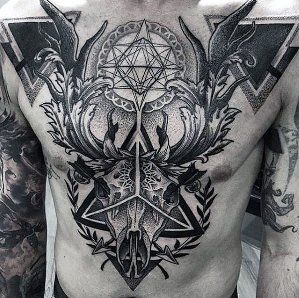 Mens Sweet Dotwork Skull Ornate Chest Tattoo Designs