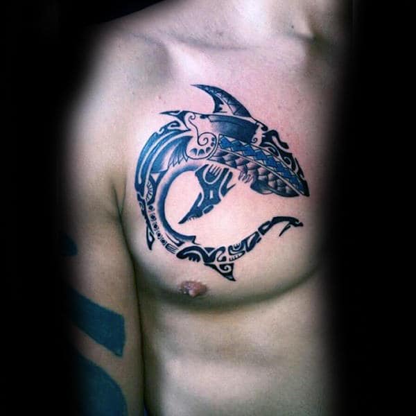 Mens Swimming Tribal Shark Upper Chest Tattoos