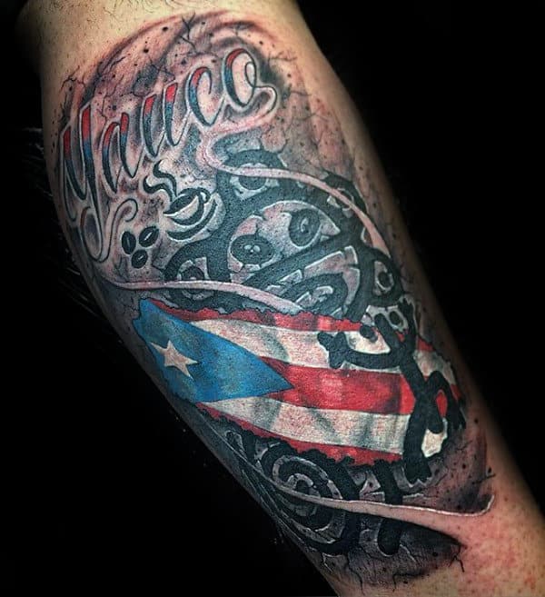 Mens Taino Tattoos With Puerto Rico Flag On Leg