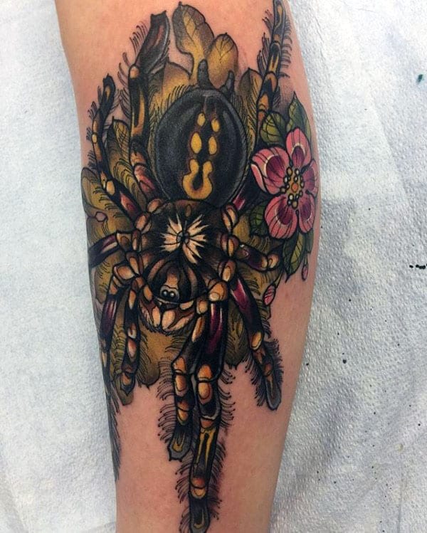 Mens Tarantula With Flower Leg Tattoo