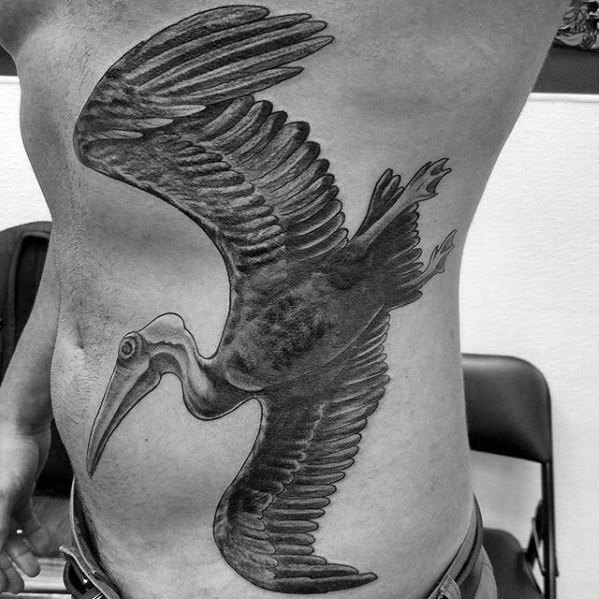 Mens Tattoo Black And Grey Ink Flying Pelican Design Full Rib Cage Side