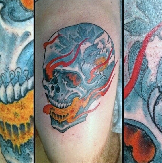 Mens Tattoo Blue Thigh Flaming Skull Design