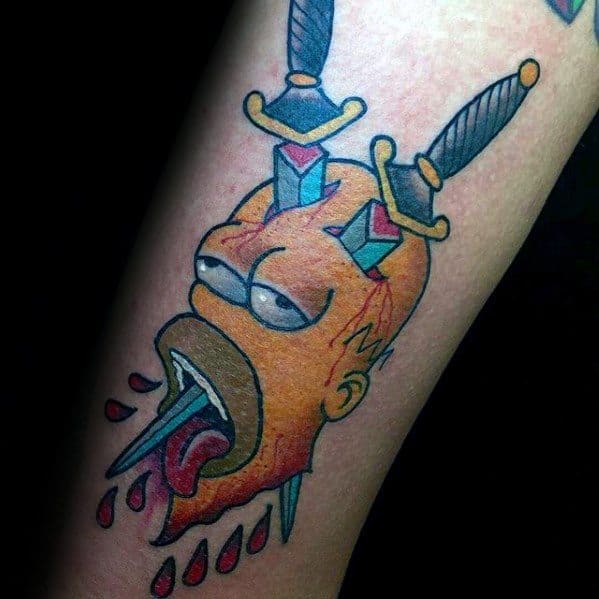 Mens Tattoo Daggers Homer Simpson Design On Forearm