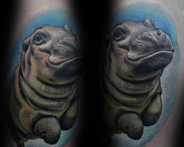 Mens Tattoo Floating Hippo In Water Leg Calf Design