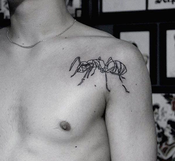 Mens Tattoo Ideas With Outline Ant Design On Upper Chest Shoulder