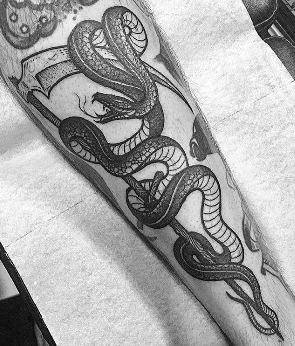 Mens Tattoo Ideas With Snake Scythe Design On Forearm