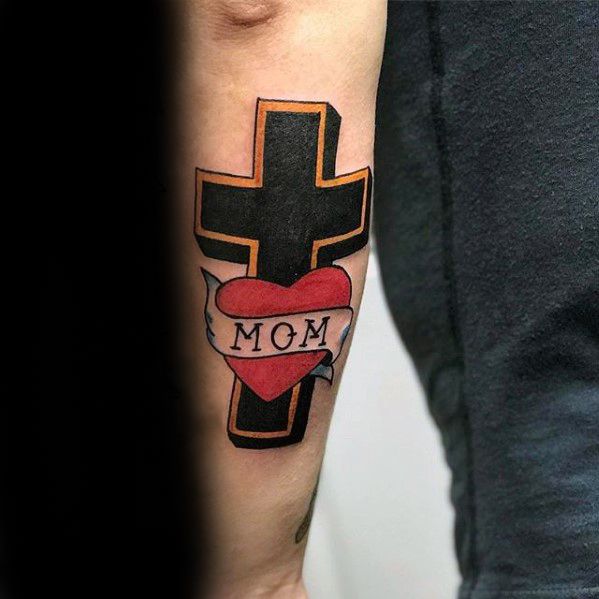 Mens Tattoo Ideas With Traditional Mom With Black Cross Outer Forearm Design