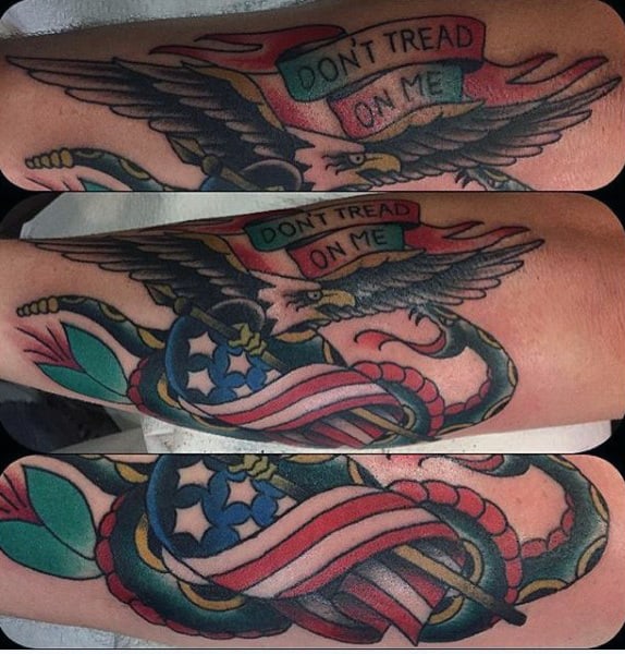 Mens Tattoo Of American Eagle Fighting Coiled Snake Over Flag Tattoo On Forearm