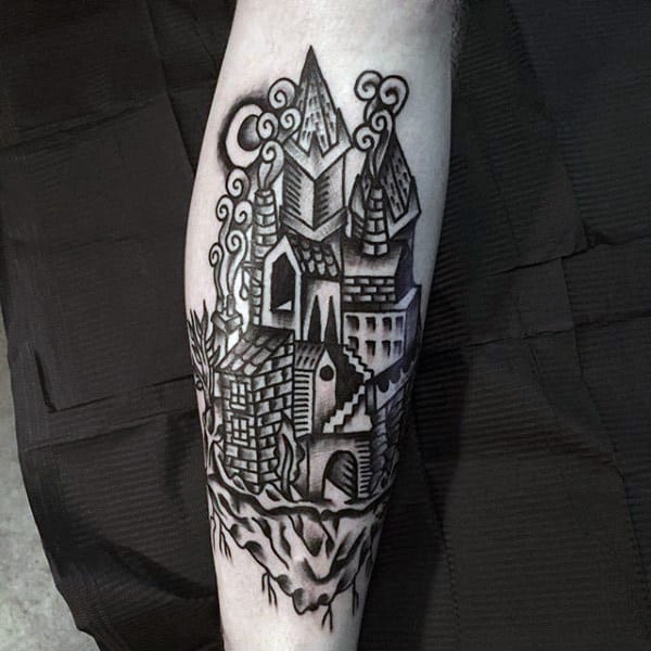 Mens Tattoo Of Castle With Smoking Chimneys Design On Forearm