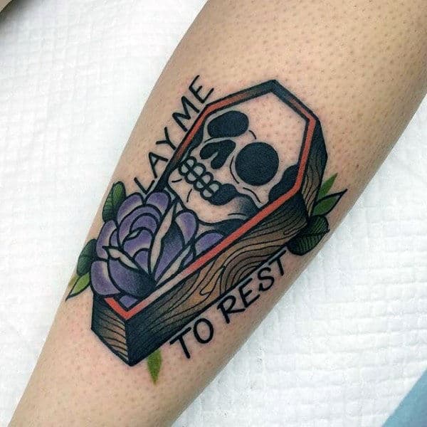 Mens Tattoo Of Coffin With Lay Me To Rest On Arm