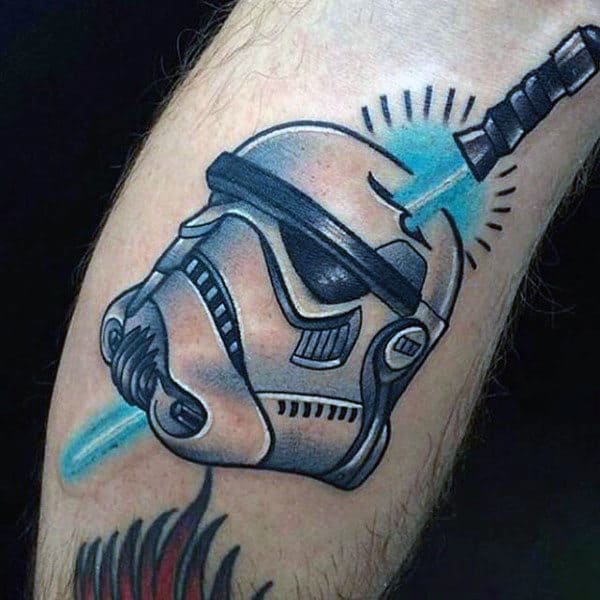 Mens Tattoo Of Lightsaber Going Through Darth Vader On Leg