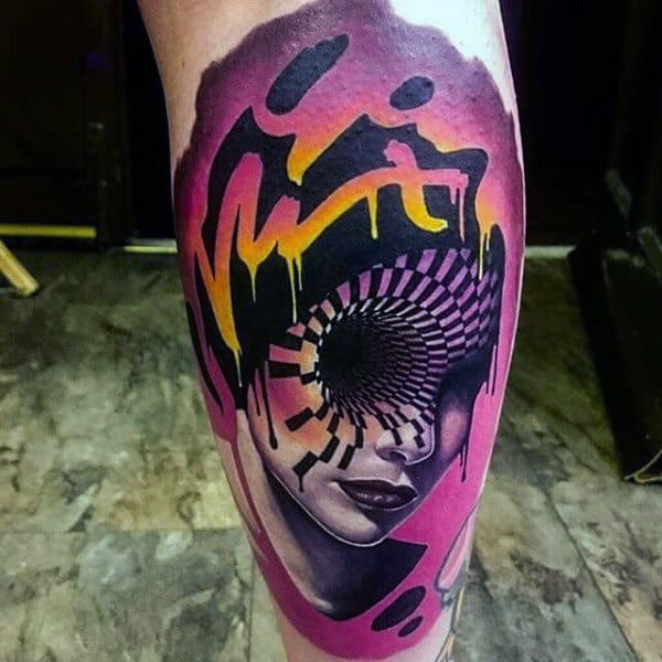 Mens Tattoo Of Womans Face With Spiral Optical Illusion Design