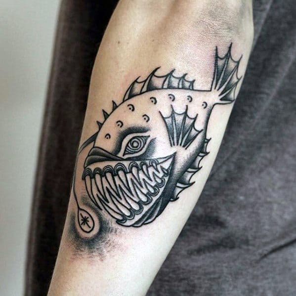 Mens Tattoo With Angler Fish Design Outer Forearm