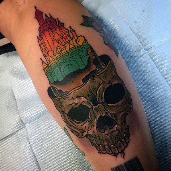 Mens Tattoo With Colorful Castle On Dark Skull Cliff