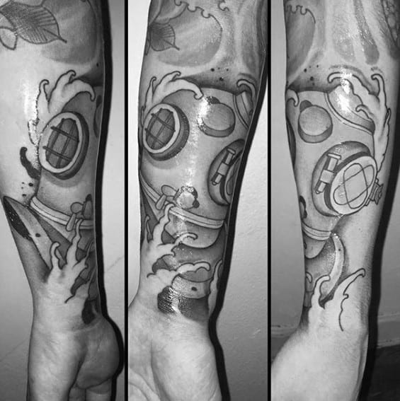 Mens Tattoo With Diving Helmet Forearm Shaded Design