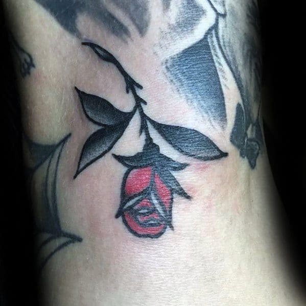 Mens Tattoo With Filler Red Rose Flower And Stem Design