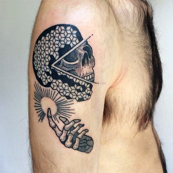 Mens Tattoo With Geometric Skull And Skeleton Hand Arm Design