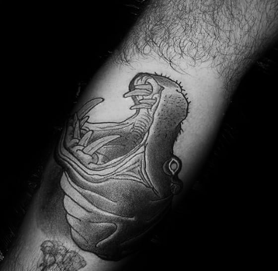 Mens Tattoo With Hippo Design On Leg Calf