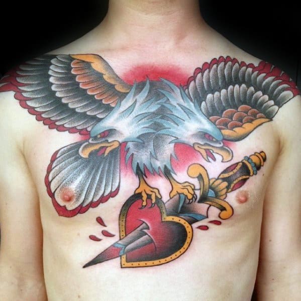 Mens Tattoo With Old School Traditional Eagle And Broken Heart Design