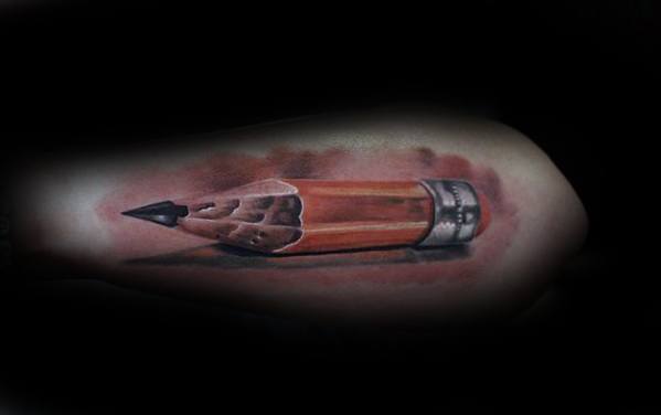 Mens Tattoo With Pencil Design Outer Forearm