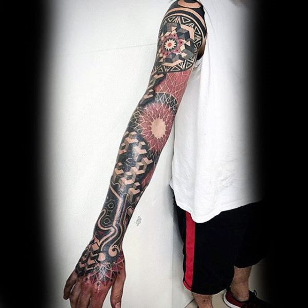Mens Tattoo With Red And Black Design Sleeve