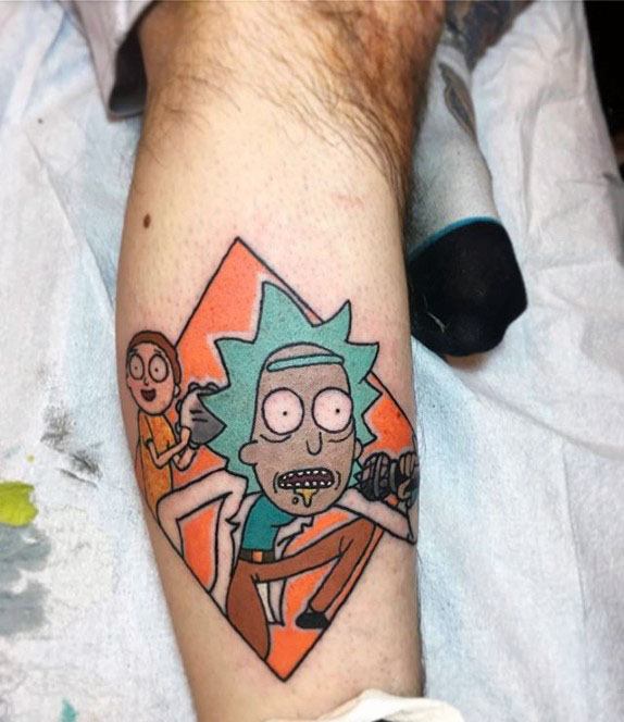 Mens Tattoo With Rick And Morty Design On Leg