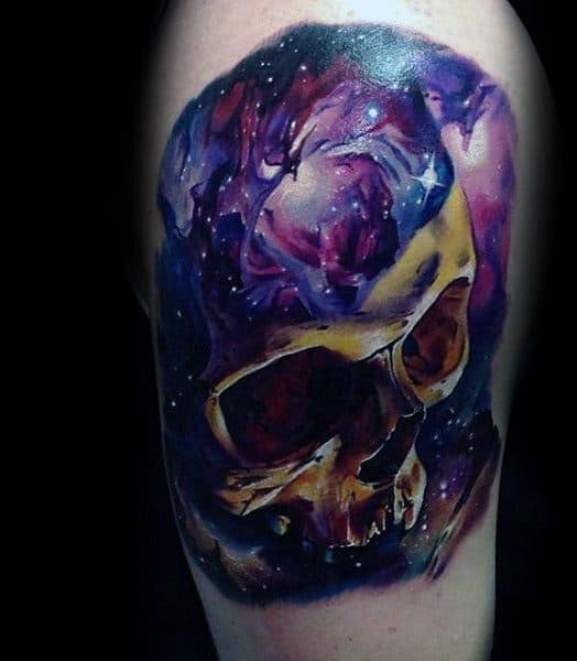 Mens Tattoo With Skull Stars In Sky Celestial Design On Thigh