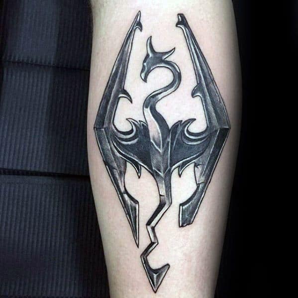 Mens Tattoo With Skyrim Design On Back Of Leg