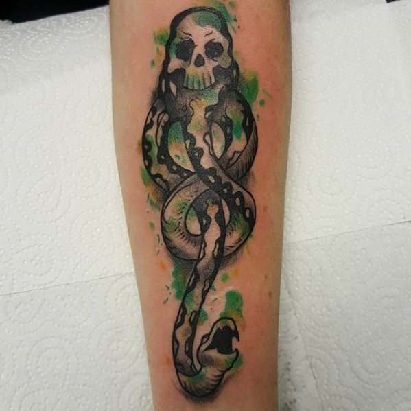 Mens Tattoo With The Dark Mark Forearm With Watercolor Green Ink Design