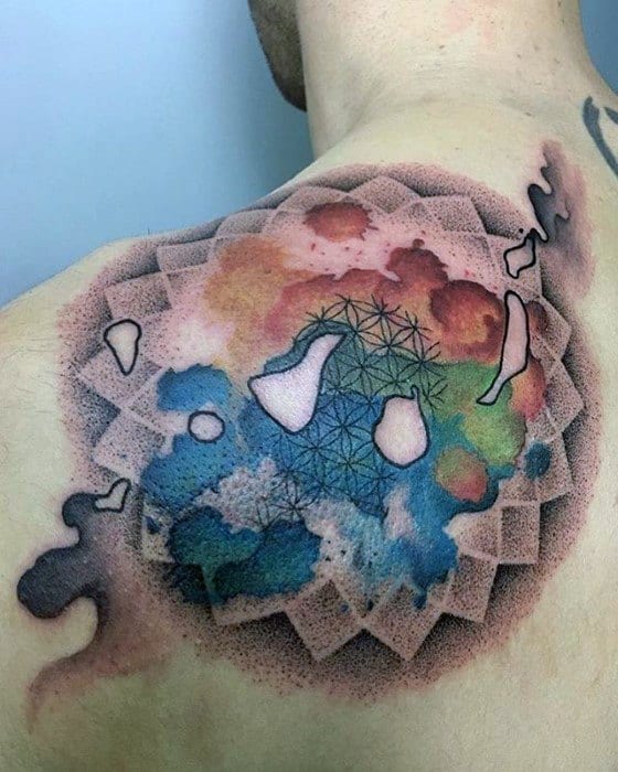 Mens Tattoo With Watercolor Geometric Upper Back Design
