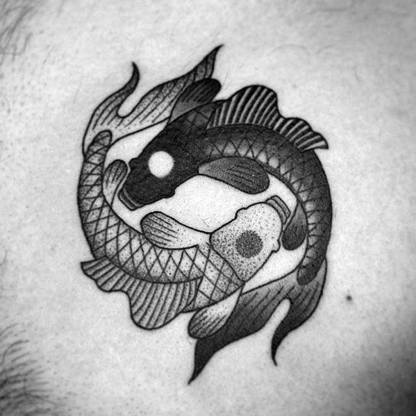 Mens Tattoo With Yin Yang Koi Fish Chest Dotwork Design