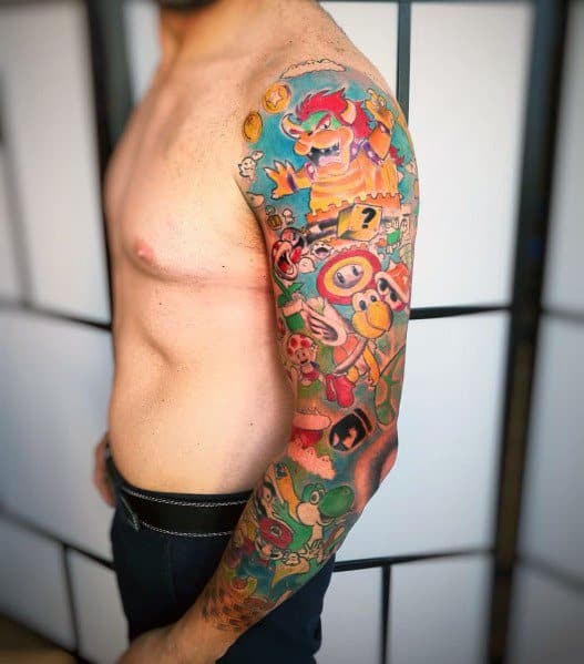 Super Mario sleeve by Jarrett Spaeth  Super mario tattoo Mario tattoo  Gamer tattoos