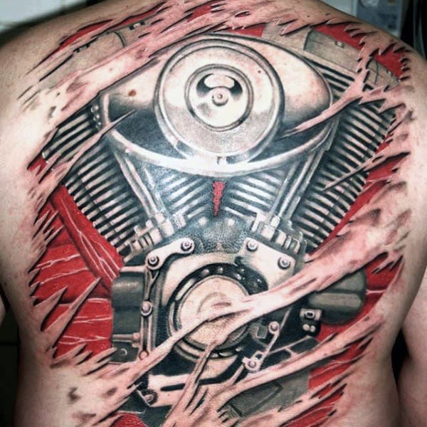 Men's Tattoos Of Motorcycle Motor On Chest
