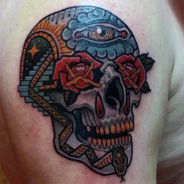 Mens Tattoos Of Sugar Skulls Upper Arm With All Seeing Eye And Rose Eyes