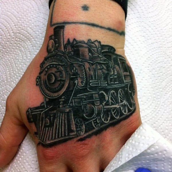 Mens Tattoos Of Trains On Hands