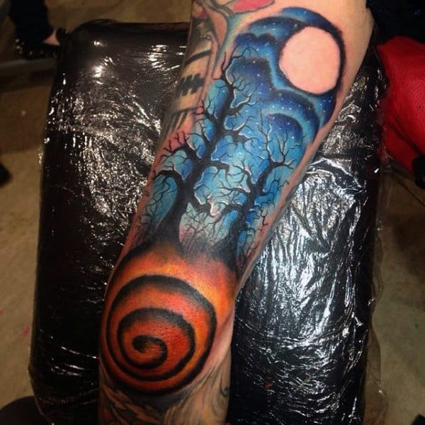 Mens Tattoos On The Elbow Of Orange And Blue Forest