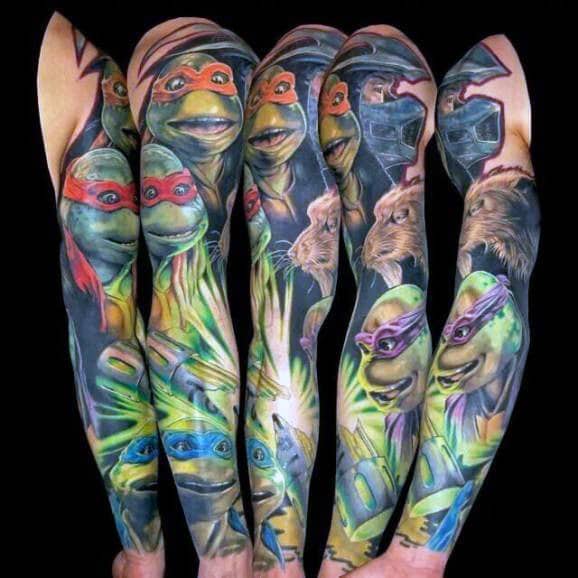 Mens Teenage Mutant Ninja Turtle Themed Full Sleeve Tattoo Deisgn