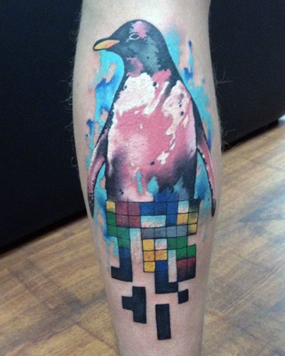 Mens Tetris Penguin Themed Video Game Tattoo Ideas