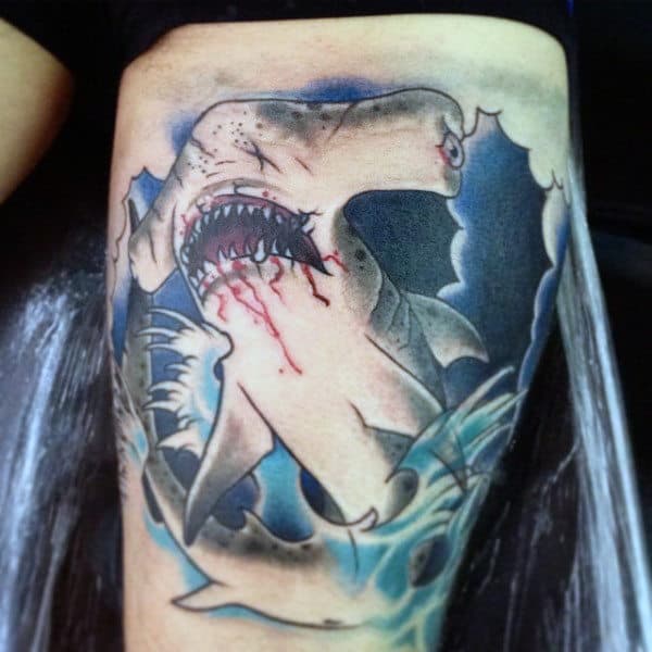 Mens Thigh Hammerhead Shark Tattoo