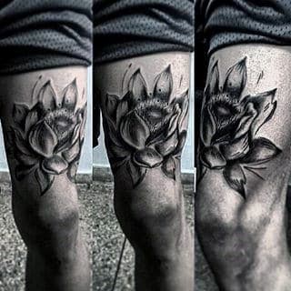 Mens Thigh Lotus Flower Black Ink Tattoos