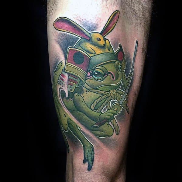 Mens Thigh Toad Tattoo On Lower Leg