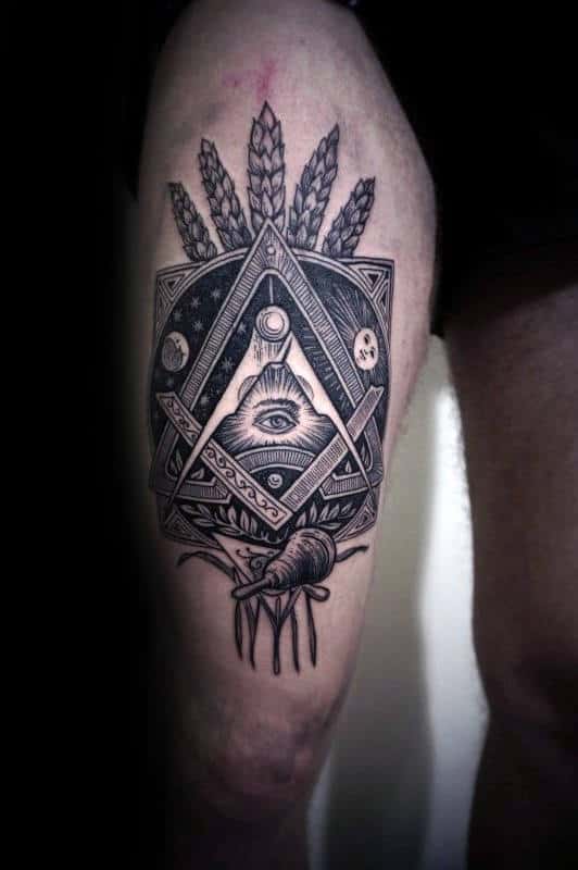 Mens Thigh Wheat All Seeing Eye Illuminati Tattoo Designs