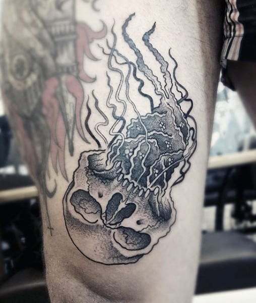 Mens Thighs Skull With Jellyfish Squiggles Tattoo