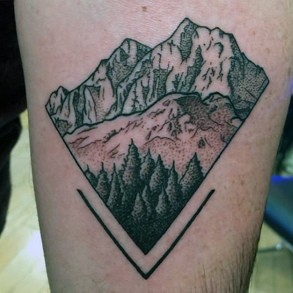 Mens Tinted Rocky Mountain Triangle Tattoo On Back Of Leg Back