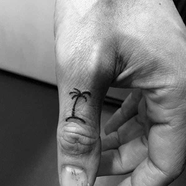 Mens Tiny Black Ink Palm Tree Thumb Tattoos