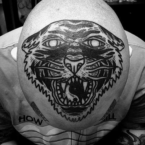 Mens Top Of Head Traditional Tiger Tattoos